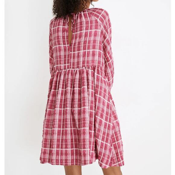Madewell Azalea Pink & White Plaid Shirred Pockets Babydoll Summer Mini Dress - Picture 2 of 14